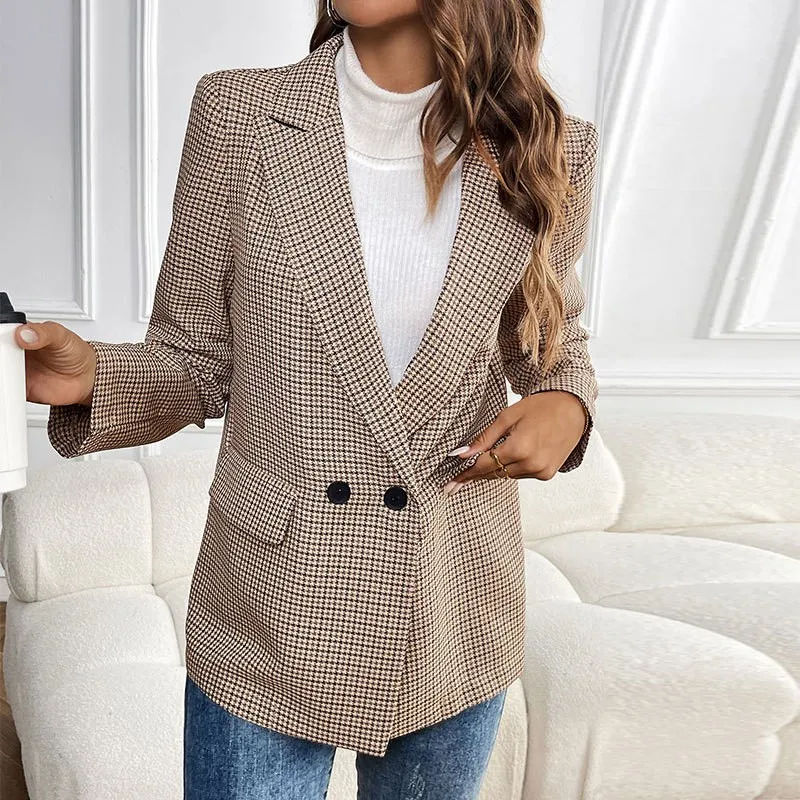 Patchwork Long Sleeve Coat Regular Fit Elegant with Notched Lapel Spring Blazer Button Detail Houndstooth Pattern Women Jacket