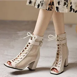 Women's ANKLE Mesh Cool Boots Summer Hollow Chunky Heel Sandals 2024New Lace Up Thick Heeled Chelsea Boots Women High Heels Shoe