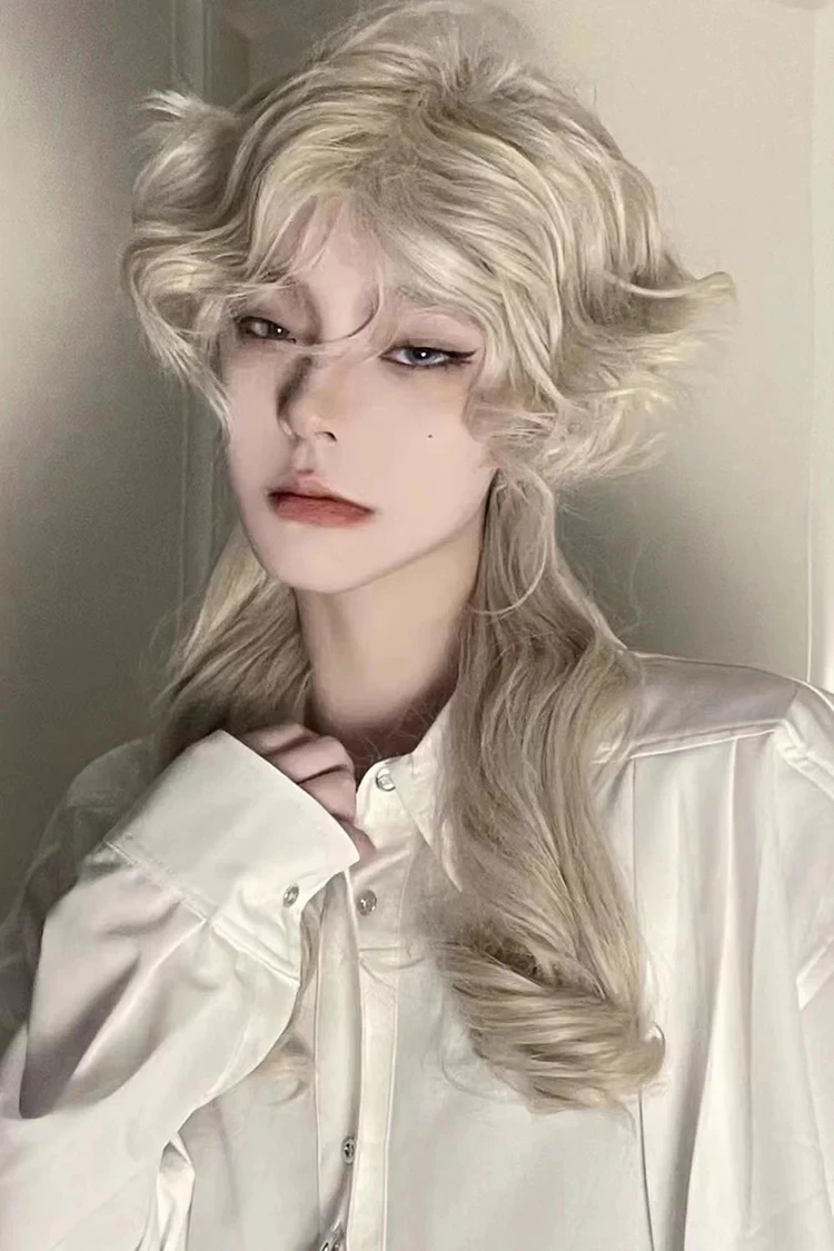 Beige Medium Long Curly Hair Retro Ouji Wig with Bangs 18 Inch 13x4 HD Wigs for Women Lolita for Cosplay and Party Use