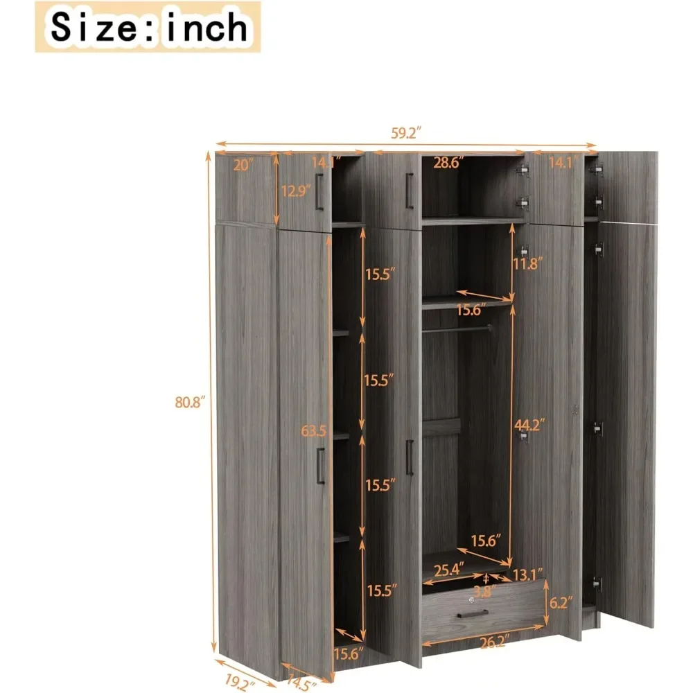 Modern 4-Door Wardrobe With Hanging Rods,1 Drawer And Top Cabinet,59.2''L X 19.2