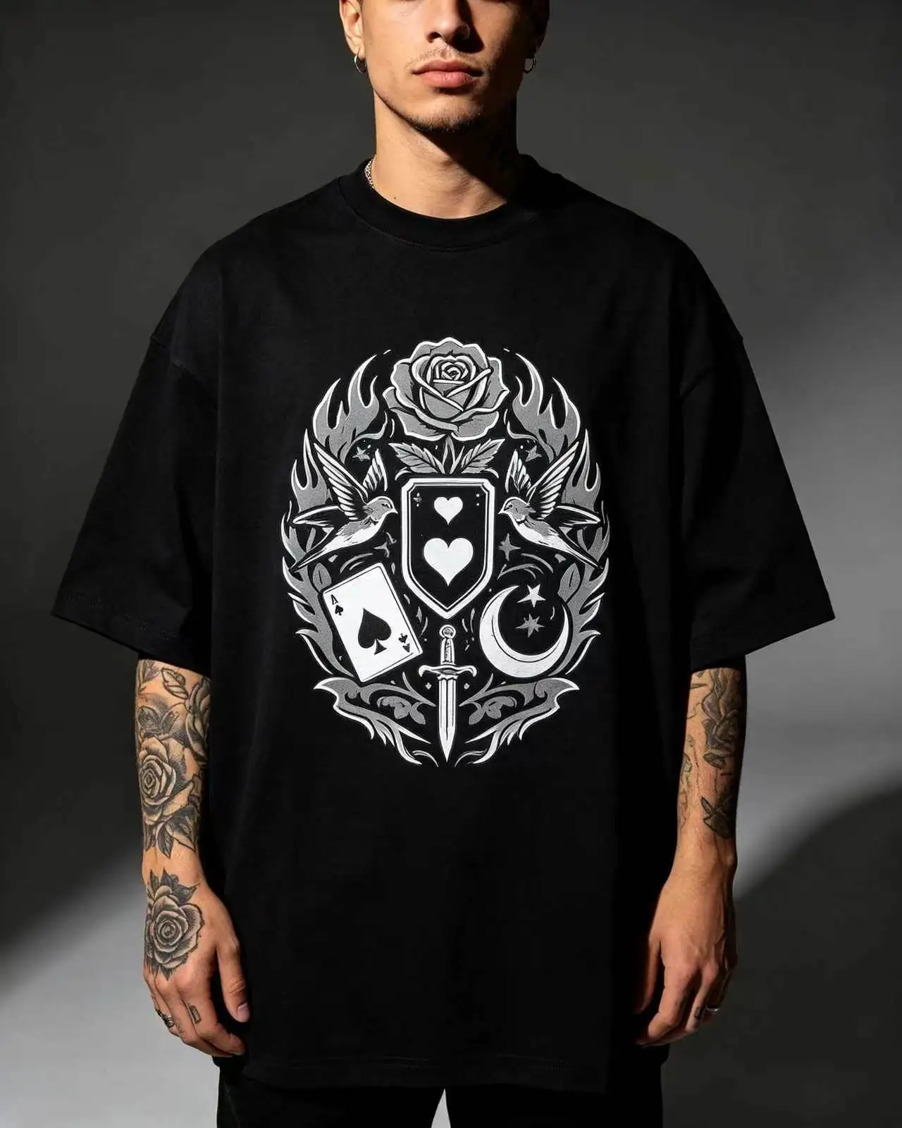 Unisex Gothic Tattoo Style T‑Shirt Men Women Rose Spade Card Sword Swallow Moon Graphic Oversized Cotton Short Sleeve Tee