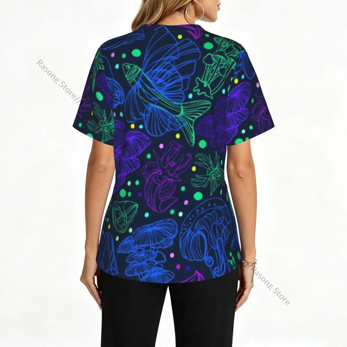 Colorful Bioluminescent Fish And Mushrooms Scrubs tops medical uniforms women V Neck Stretch Scrub Shirt Dentist doctor Blouse