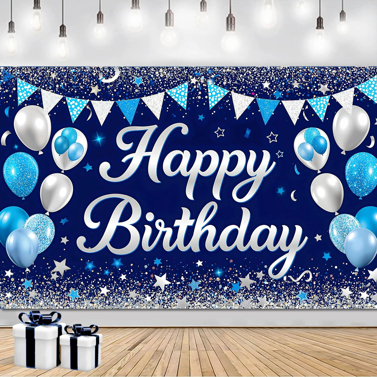 

Birthday Backdrop Blue Balloon Happy Birthday Party Diamond Dots Customized Poster Baby Kid Banner Background For Photo Studio