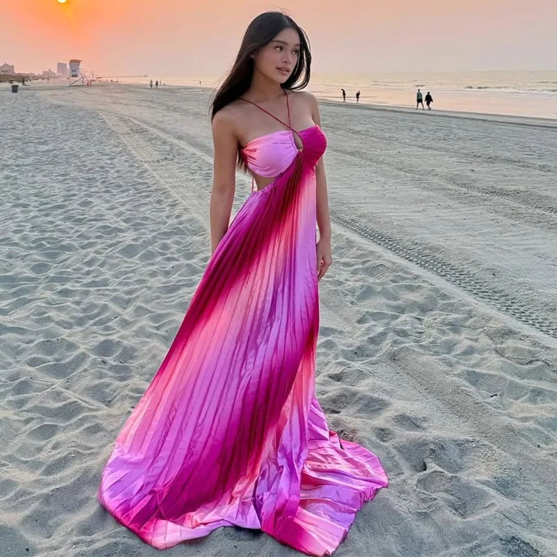 

Пляжное летнее платье макси с завышенной талией, градиентным цветом и длинным рукавом для женщин