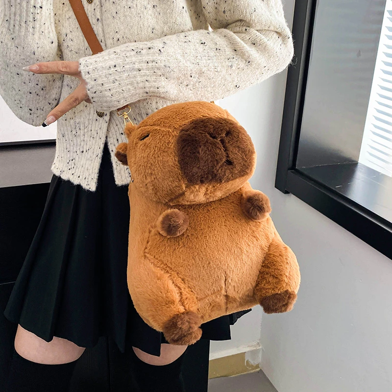 Mochila marrón de felpa para niñas, bolso cruzado de hombro suave, regalos para novia, Kawaii, Capybara, mochila pequeña de viaje