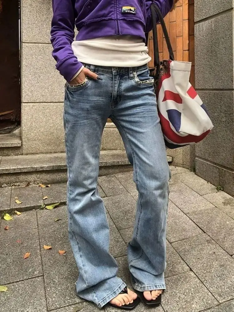 Women's Splicing Leopard Print Vintage Micro Flared Jeans Pants Cool Girl Wide Legs Sweatpants Female High Waisted Trousers