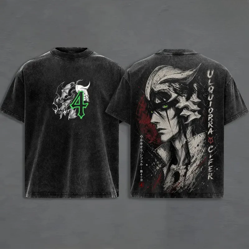 Bleach Ulquiorra Cifer Vintage Washed T Shirt Men Women Double Sided Print Anime Tee Oversized Streetwear Short Sleeve T-shirts