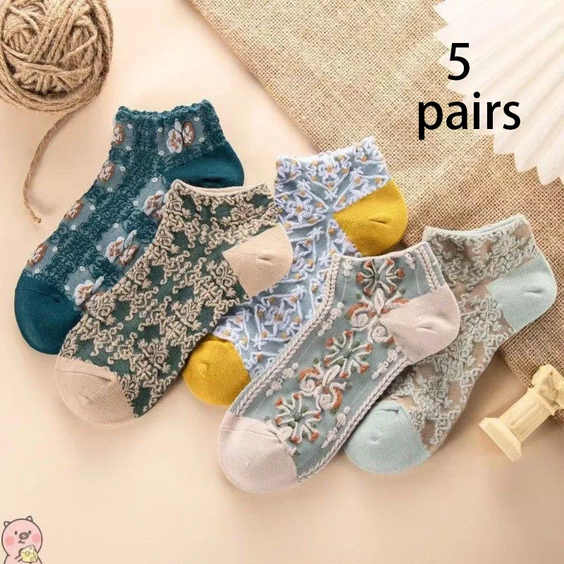 

5 Pairs Women's Socks Spring Summer Explosion Palace Style Relief Socks Breathables Solid Color Simple Shallow Mouth Female Sock