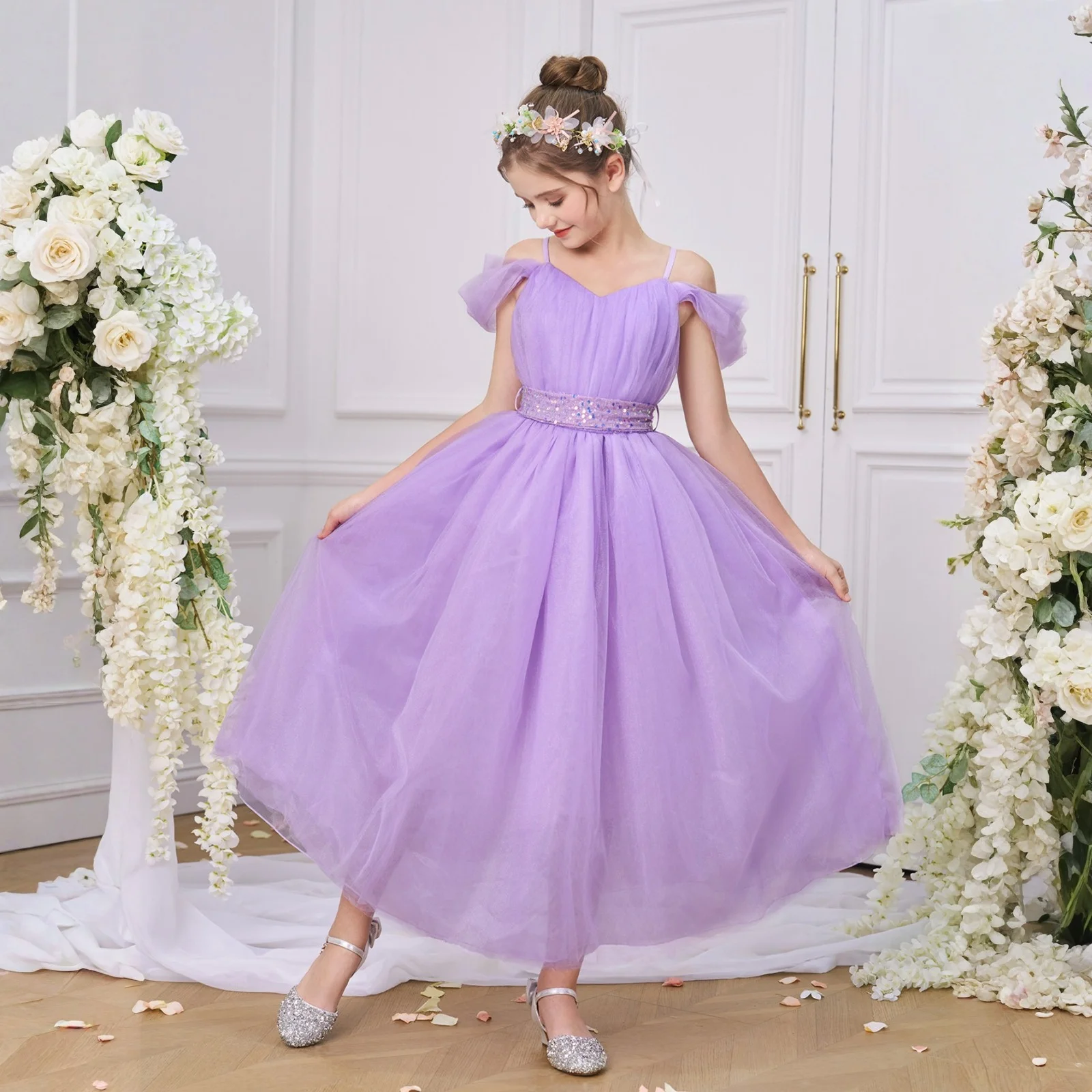 

Elegant Sequin Bridesmaid Party Girls Dress Vintage Tulle Pageant Wedding Princess Dress for Kids Bow Birthday Evening Prom Gown
