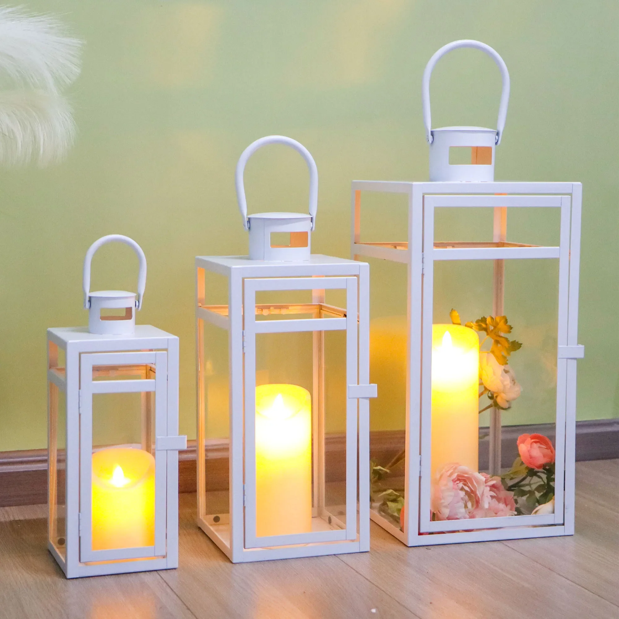 Metal Candle Lantern Set of 3 - Assorted Size (12/15/19 Inch) -Tall Metal Hanging Lanterns with Tempered Panels-White Finish