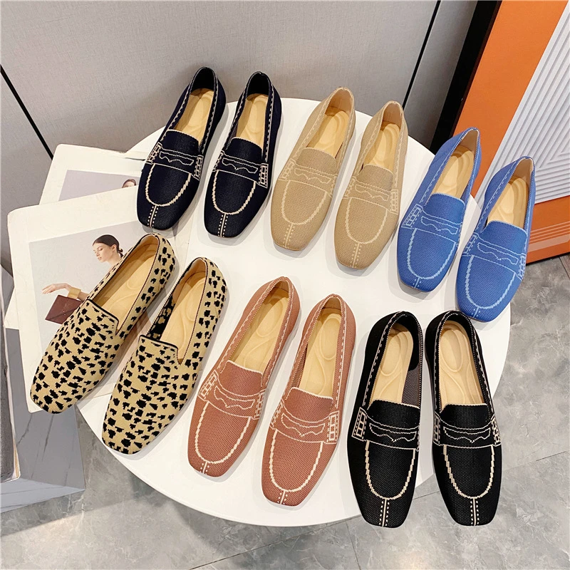 

Spring and Autumn Square Head Casual Breathable Large Knitted Flat Bottom Knitted Women's Single Shoes