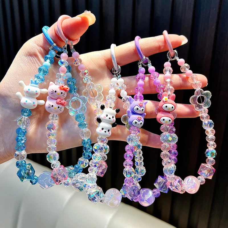 Sanrio simpatico gatto cinturino a catena per cellulare perline di carta cartone animato melodia fascino cinturino da polso custodia per cuffie ciondolo borsa accessori regalo