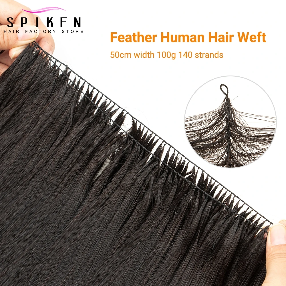 

16-22 inches Feather Weft Human Hair Extensions 100g Sewing On Invisible Custom Bundles 50cm Weft Width 140 Strands