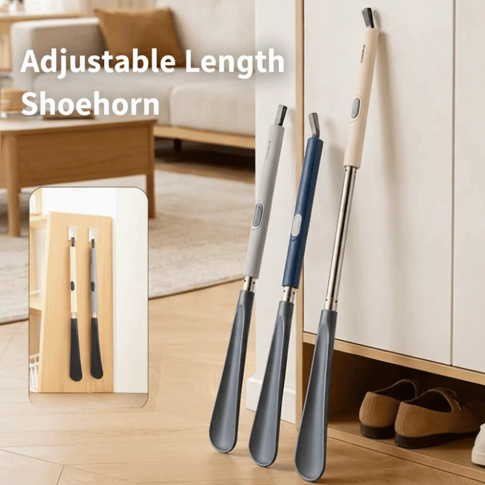 Portable Adjustable Length Long Shoehorn Hanging Useful Lazy Shoe Horn Stainless Steel Shoe Puller for Elderly, Pregnant Women