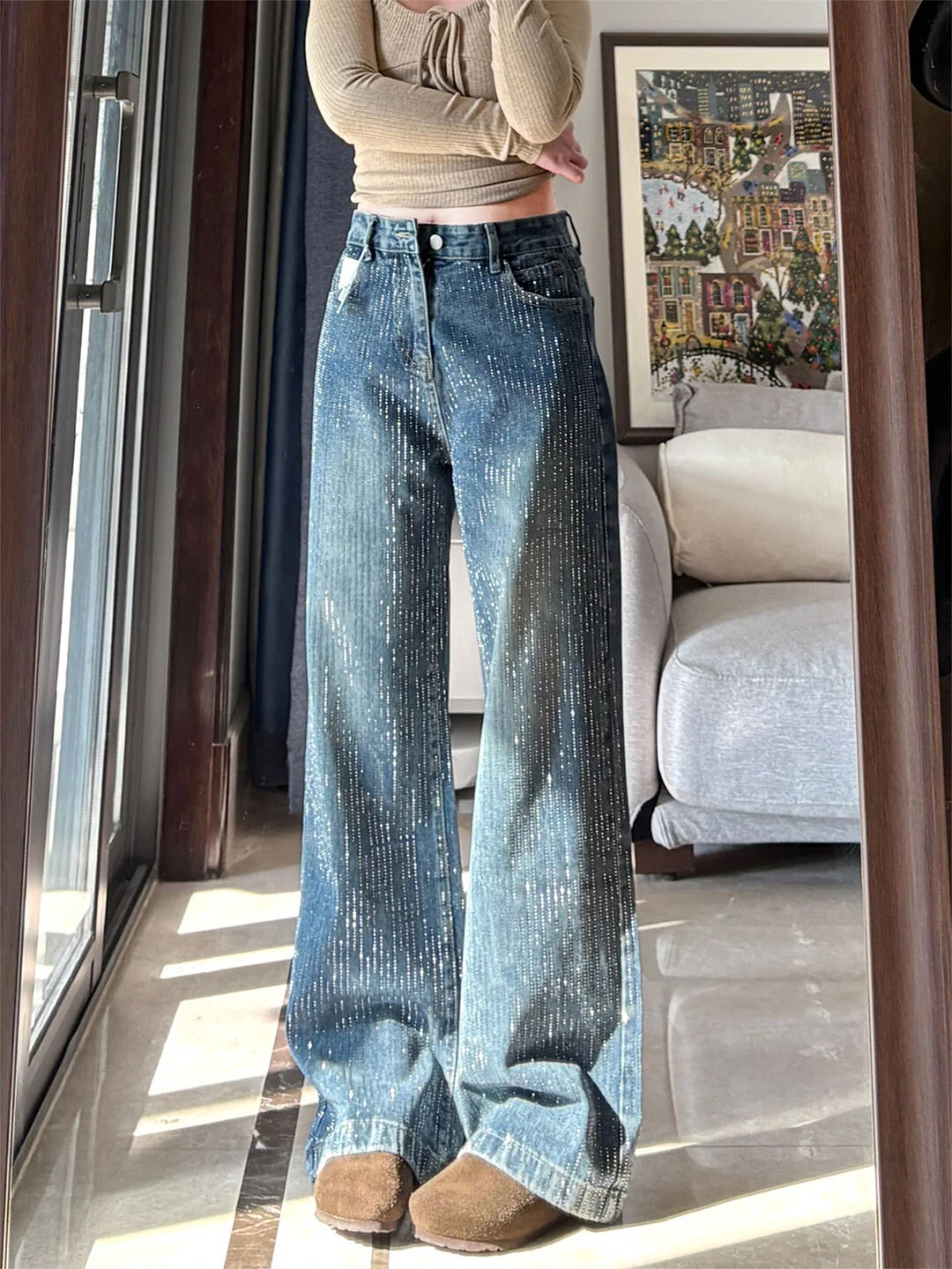 

Loose High Waist Skinny Blue Jeans Women's Summer New Style Diamond Embedded Vintage Wide Leg Pants Retro Slimming Effect