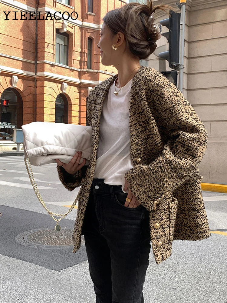 

Khaki Tweed Jacket Small Fragrant One-Piece Spring / Autumn Women's Coat Woven classic jacket large ladies top