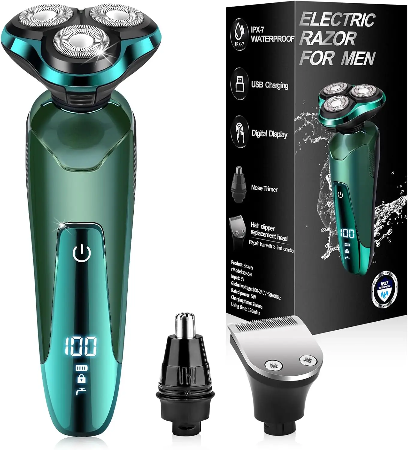 

Мужская электробритва с отсоединяемыми 3D-роторными лезвиями, триммером для носа и щеткой для лица, водонепроницаемая для влажного и сухого бритья, матовый зеленый цвет