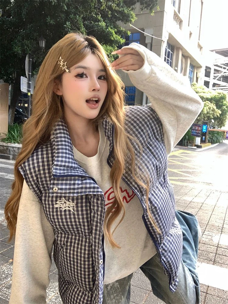 유 자오린 2025 신상 미국 스타일 체크무늬 조끼 여성용 루즈핏 스탠드 칼라 면 폴리에스터 섬유 따뜻한 지퍼