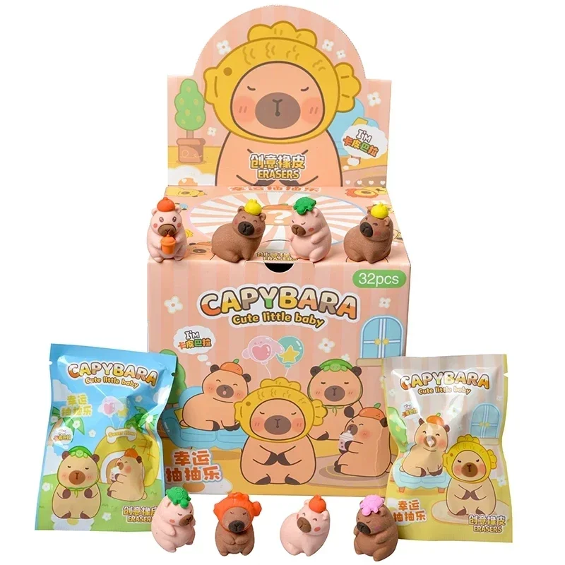 Original Box 32Pcs Capybara Cute Internet Characters Little Baby Rubber Learning Stationery Children's Gift Model Figure Packag