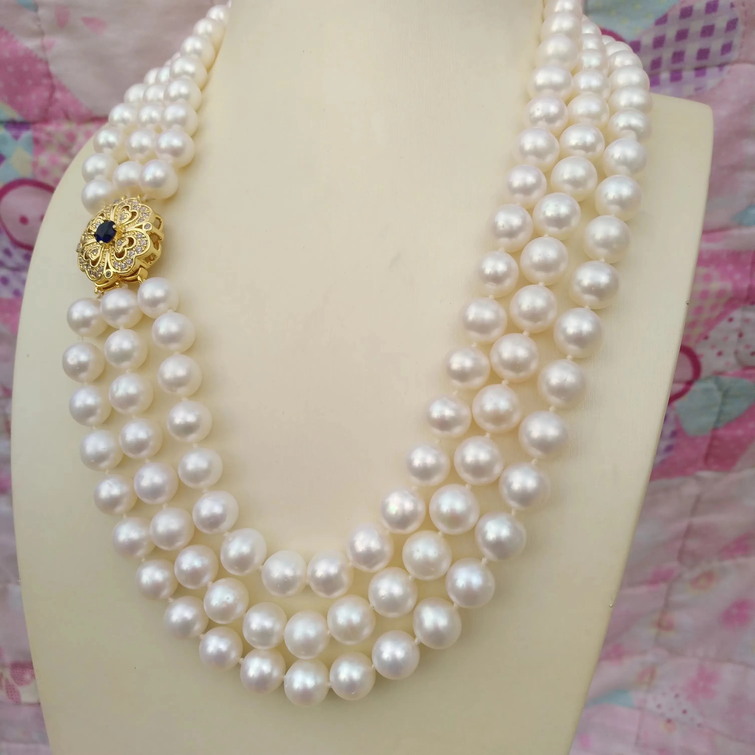 Three strand AAAA 8-9mm natural South Sea round white pearl necklace 17 