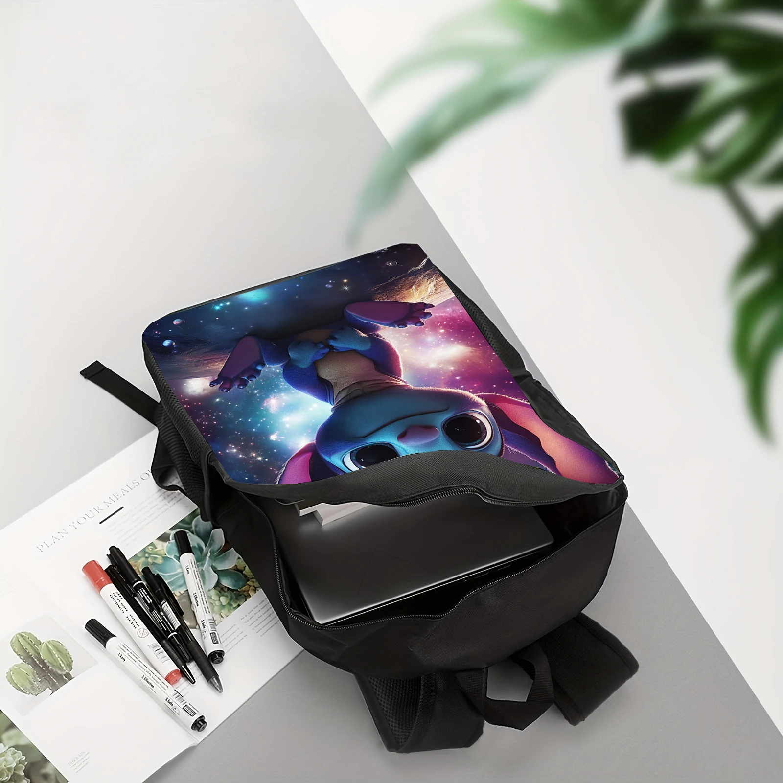 1pc seated Stitch starry sky background printed backpack, student backpack, suitable for travel, daily commuting