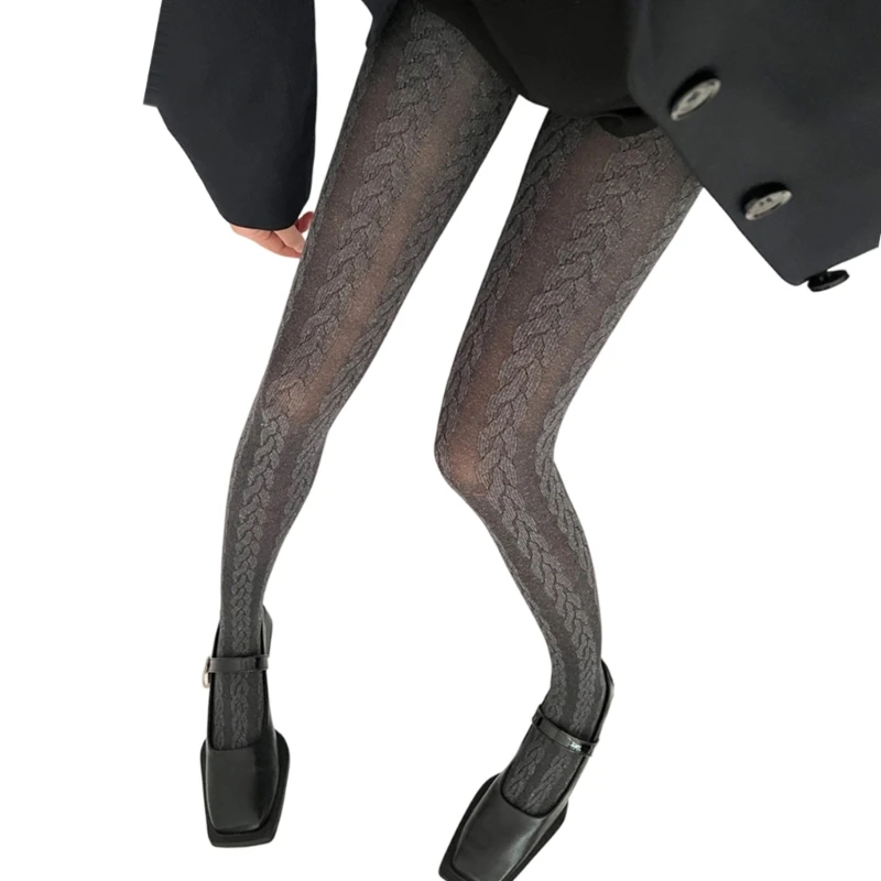 

Women's Semi Opaque Tights Jacquard Braided Pattern High Elastic Waistband Pantyhose Vertical Striped Stockings