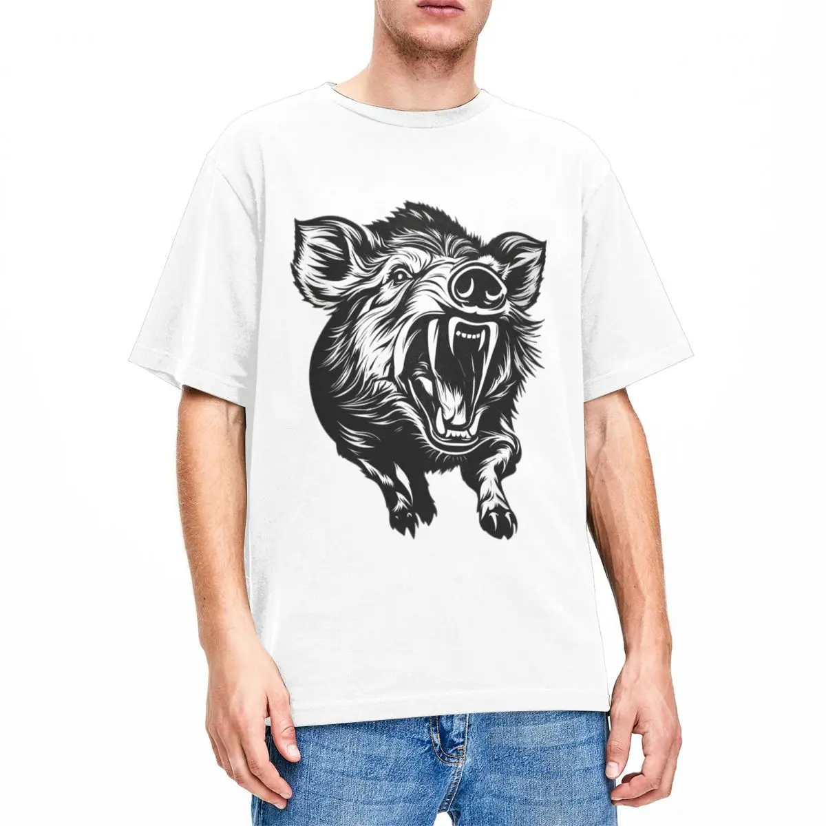 Oversized T Shirt Angry Wild Boar 100% Cotton T-Shirts black and white pattern Hippie Tshirt for Couple Summer Y2K Fun Top Tees