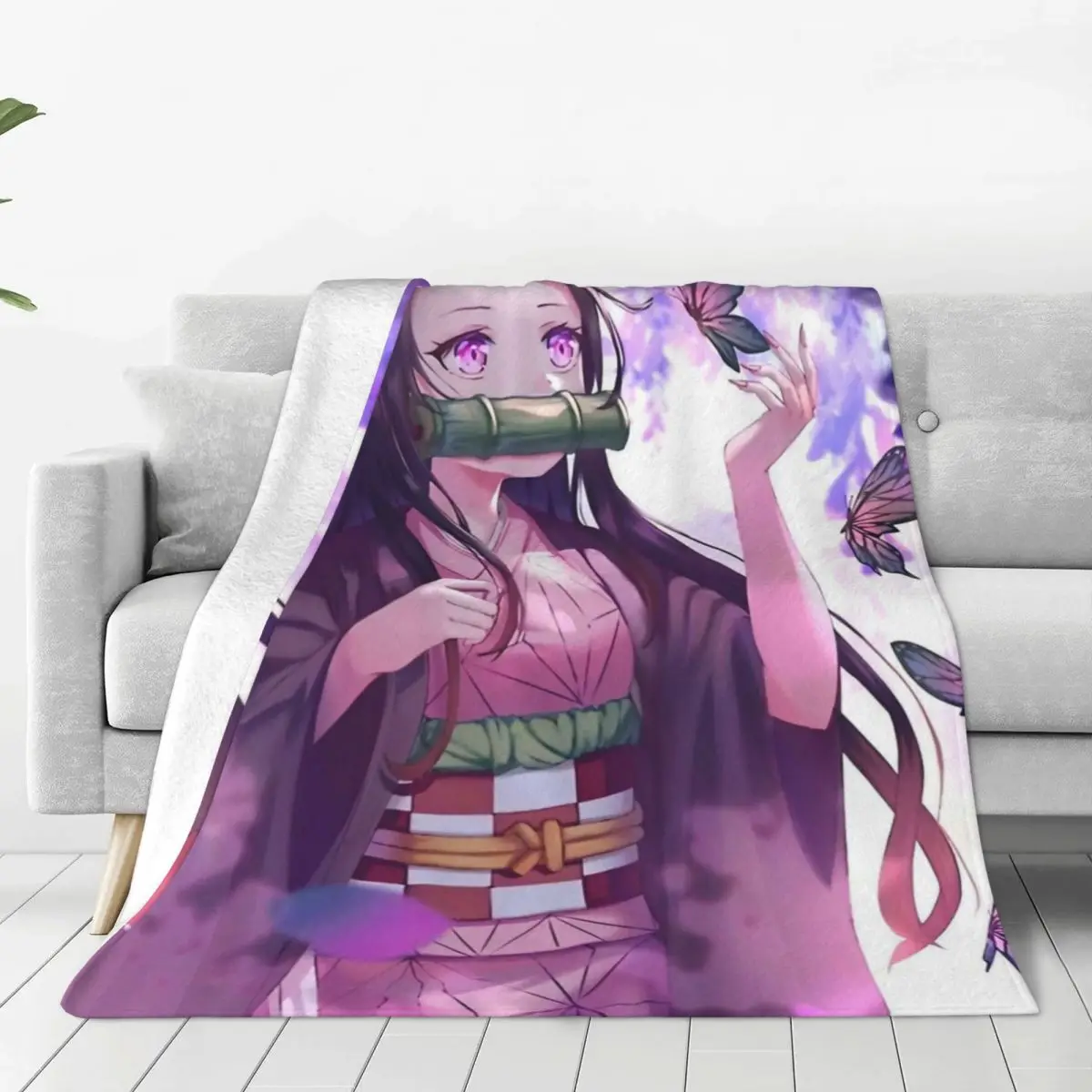 Kawaii Kamado Nezuko Flannel Blanket Demon Slayer Comic Cartoon Bedding Throws for Outdoor Office Bedspread Sofa Bed Cover