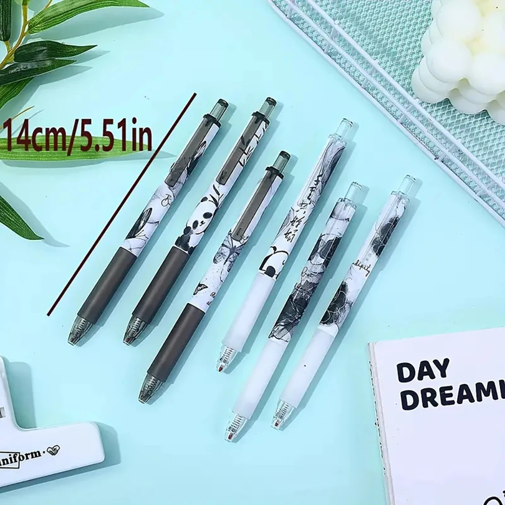 6pcs Cute Panda Vintage Style Retractable Pens Black Quick-Dry Gel Ink Pens 0.5mm Tip Office & School