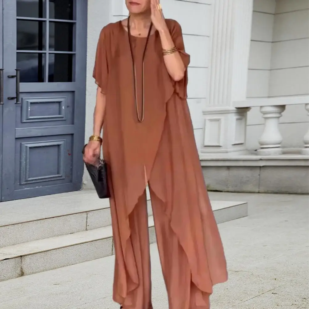 

Simple Solid Color Suit Solid Color Suit Stylish Women's Outfit Set with Irregular Hem Tops Elastic Waist Pants