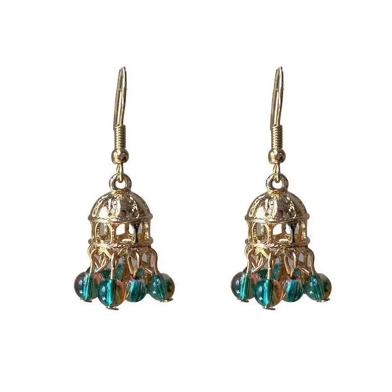 Wind chime castle, design sense three-dimensional metal earrings beaded tassel ethnic style handmade earrings ear clips