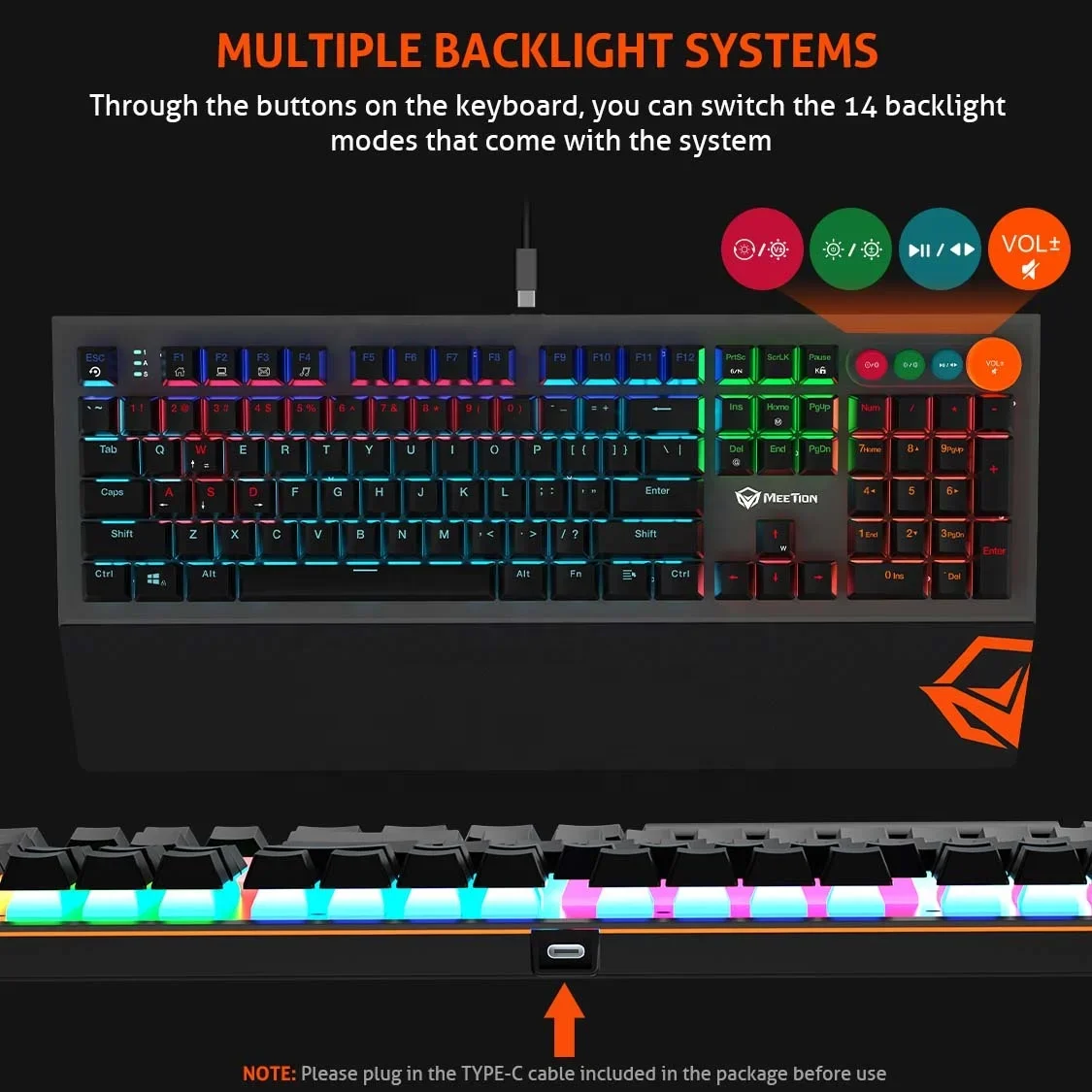 Meetion MT-MK500 mechanische Gaming-Tastatur mit LED-hintergrund beleuchteter blauer Schalter tastatur mit 104 Tasten und vier speziellen Knöpfen