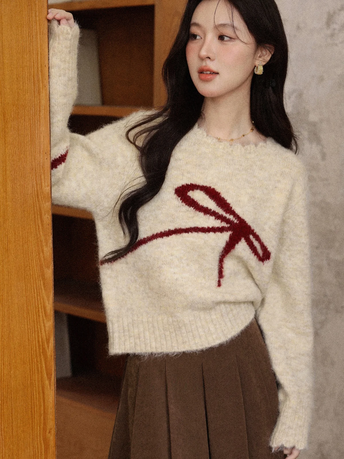 

South Deer Dreng Nectarine Fair Isle Knit Long Sve Women's Sweater Casual Loose Fit Autumn Winter Outerwear Top