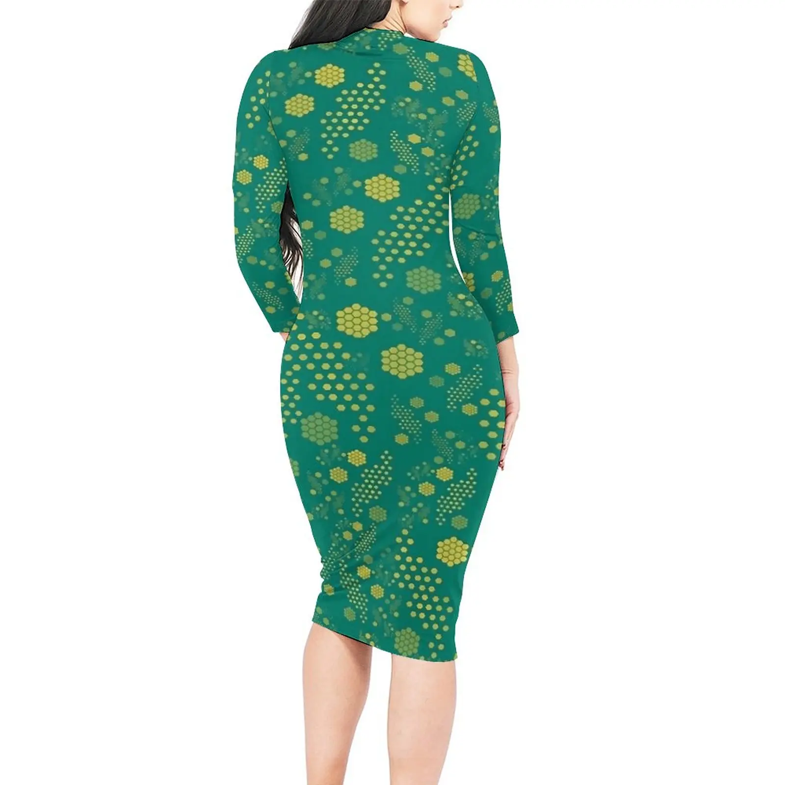 Green Hives Dress Long Sleeve Hexagons Design Kawaii Dresses Spring Female Street Style Graphic Bodycon Dress Large Size