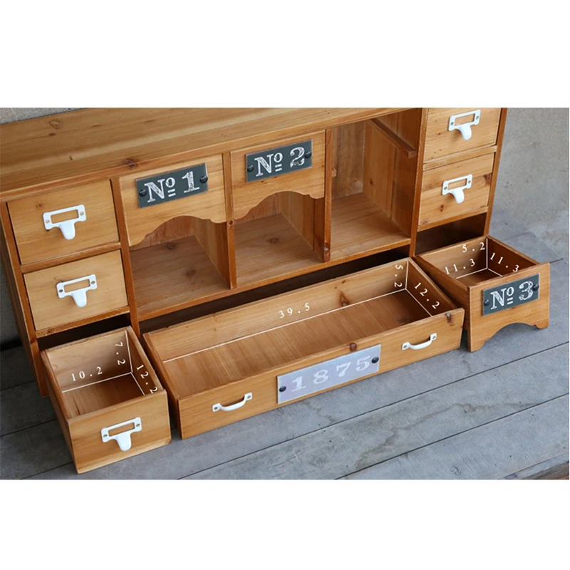 Natural Fir Solid Wood Floating Wall Cabinet Mini Chest 10 Drawers Coffee Station Storage Home Decoration