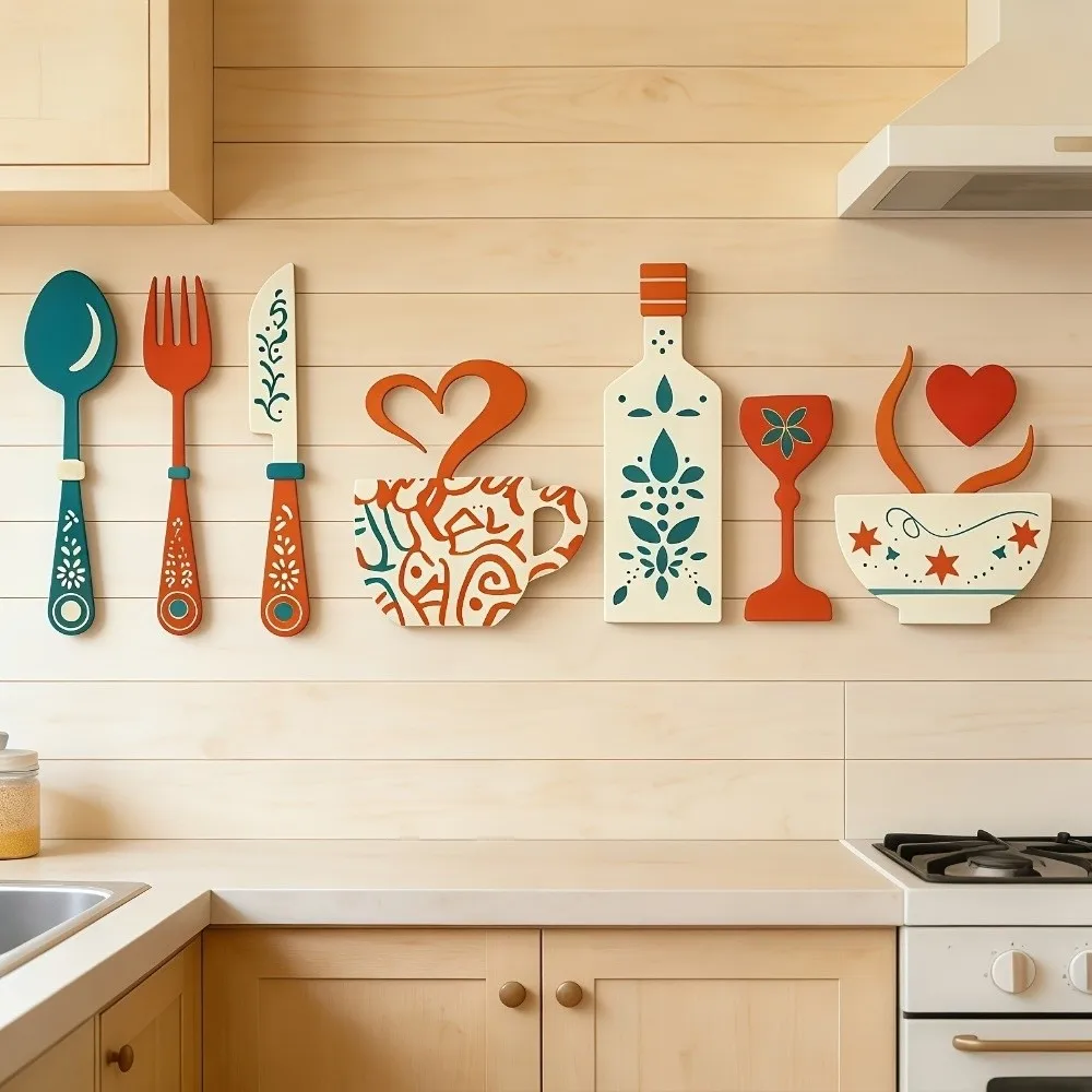 Vintage Wood Floral Kitchen Utensil Pendant Farmhouse Style Hand-painted Rustic Wall Sticker Ornaments Decorative