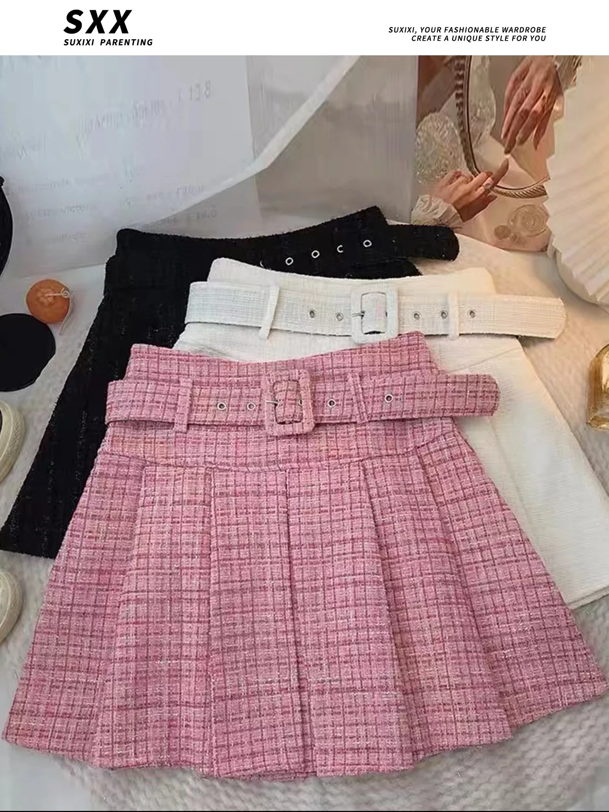 

Girls' 2023 New Little Fragrance Rough Tweed Half Skirt Korean Version Elastic Waist Anti glare A-line Short Skirt