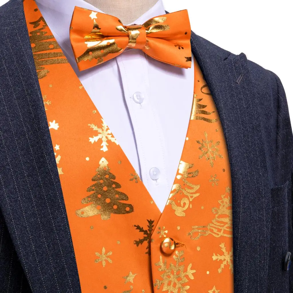 Christmas Mens Vest Silk Orange Gold White Green Red Blue Snowflake Gift XmasTrees Waistcoat Bowtie Set Party Barry Wang