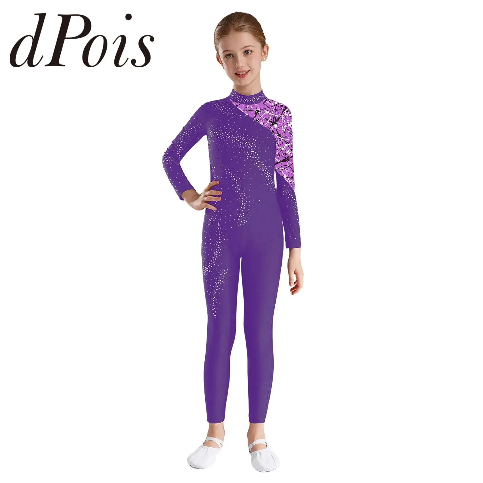 Kids Girls Figure Skating Jumpsuit Rhythmic Gymnastics Dance Bodysuit Rhinestones Teens Long Sleeve Leotard Performance Costume