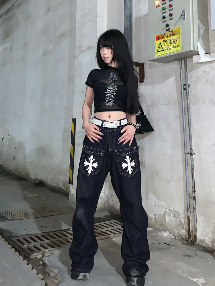Large Size American High Street Printed Trendy Straight Leg Jeans Women Design Sense Rivet Splicing Loose Casual Versatile Pants