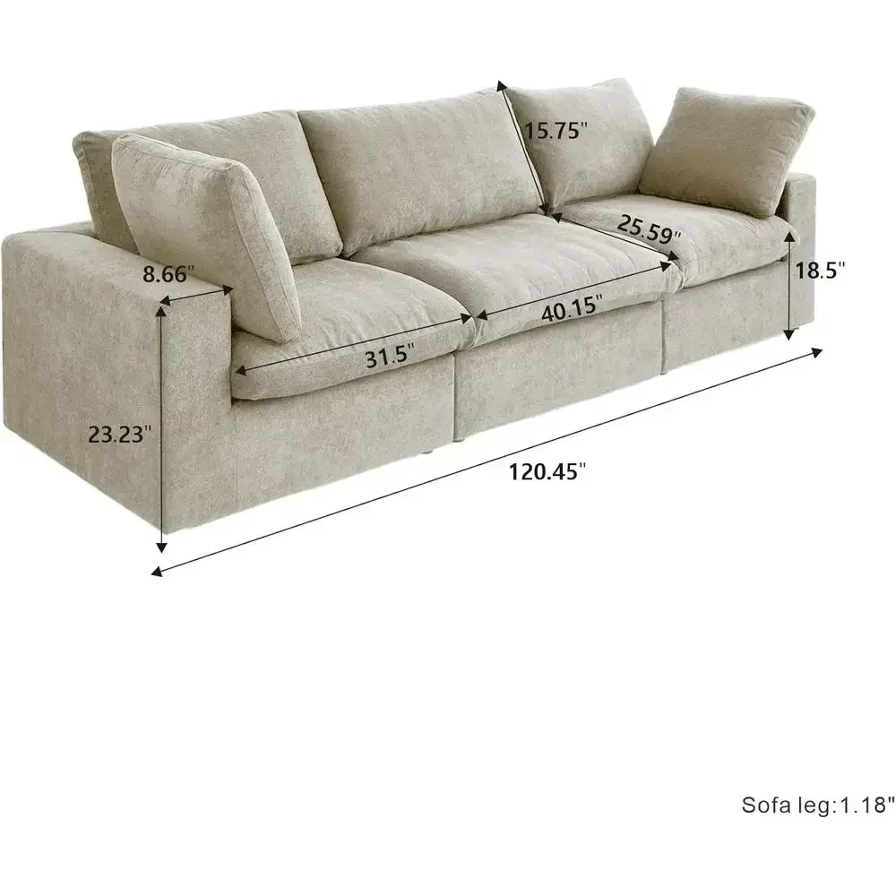 3-Seat Cloud Sectional Sofa, Convertible Couch, Removable Cushion Covers, Suitable for Living Room or Bedroom, Khaki