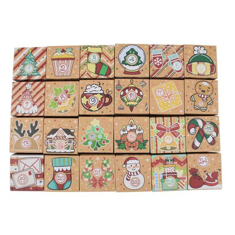 24PCS Christmas Advent Calendar Candy Box Santa Countdown Kraft Paper Gift Box 24 Digits Christmas Gift Packaging Paper Box