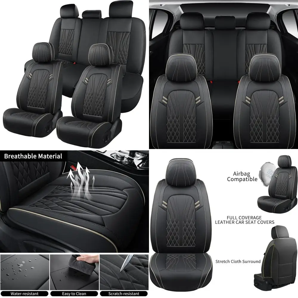 

Universal Waterproof Nappa Leather Car Seat Covers, 5-Piece Full Set for Sedans, SUVs, and Pickup Trucks, Black & Beige Stripes