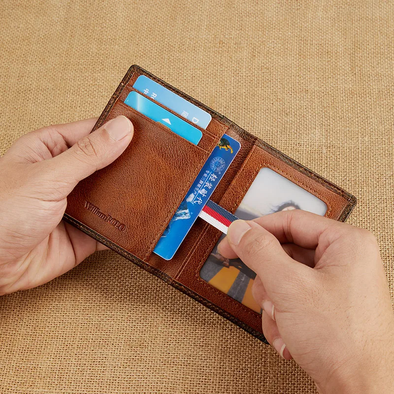 WILLIAMPOLO Leather Men's Card Holder Wallet Thin Retro Card Cover Mini Purse Short Ultra-thin Card Bag Wallet men Purse