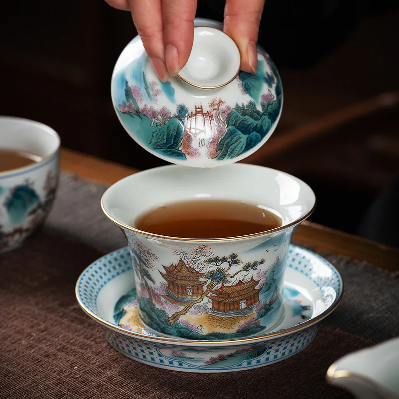 High Quality Cover Teacup Single High-End Pastel Tea Set Horseshoe Jing Brewing Bowl Jingdezhen Ceramic Household Kung Fu Gaiwan