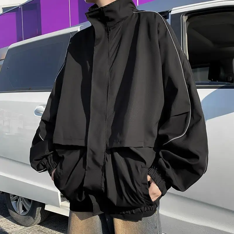 

Spring Style Men's Jacket Loose Fit Stand Collar Casual Windbreaker Outerwear Trendy Sporty Unisex Long Sleeve Youth Fashion