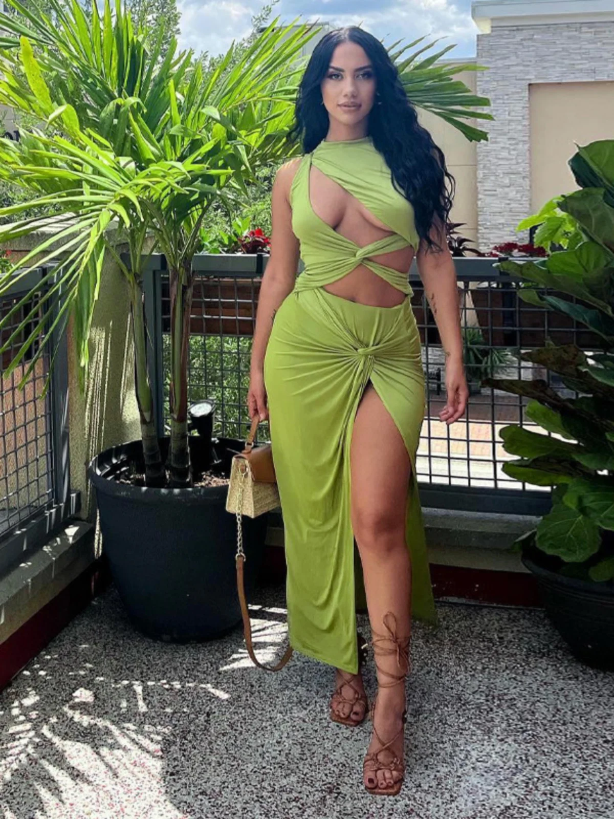 ラウンドネックカットアウトイレギュラードレス、ホローアウトロングAラインスカート、レディースサマースプリングオータムポリエステルファイバーノースリーブドレス