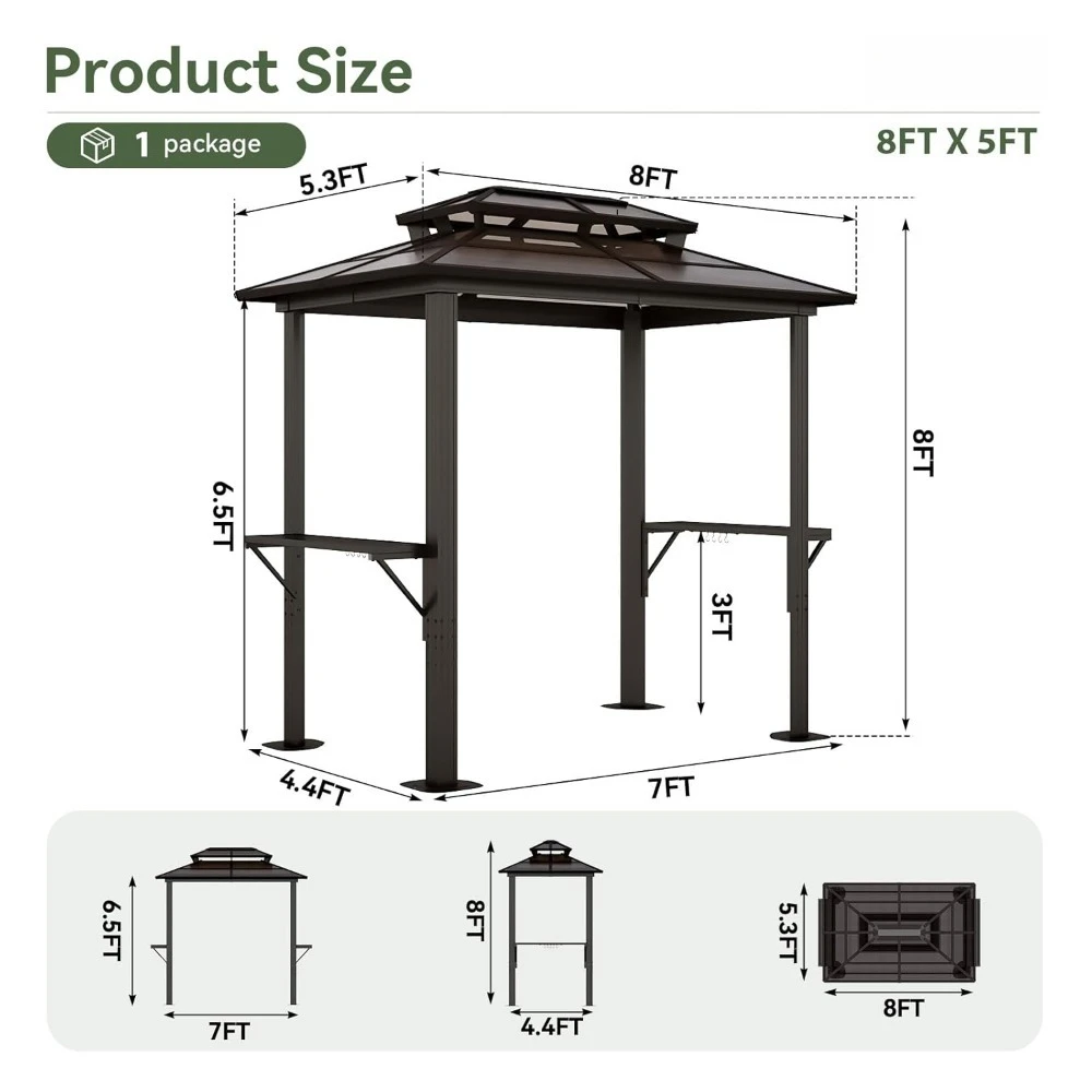 Grill Gazebo 8 X 5FT, Aluminum BBQ Gazebo with Double Polycarbonate Top, Grill Canopy Hardtop with Shelves, Customized
