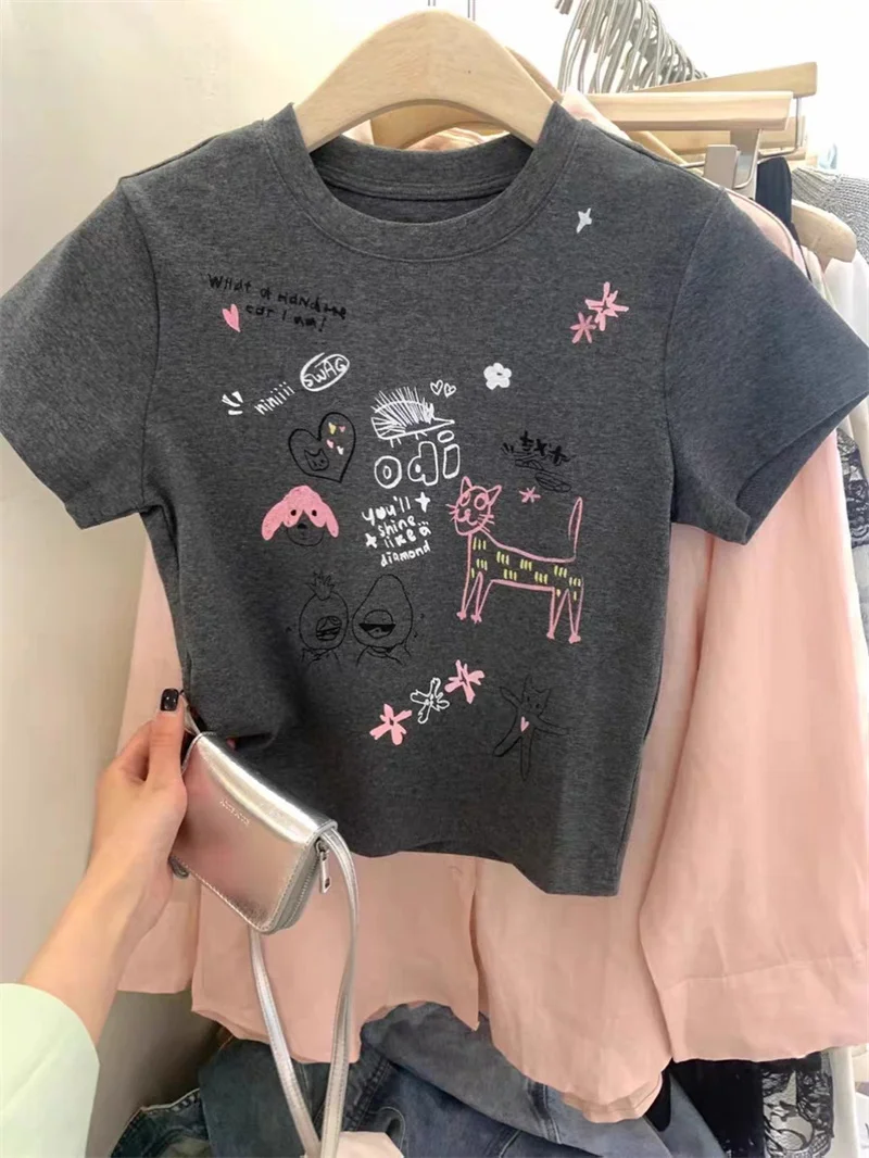 

Korean Style Slim Fit Short Sleeve T-Shirt Women's Short Printed Sweet And Spicy Top Commute Style Cotton Polyester Blend