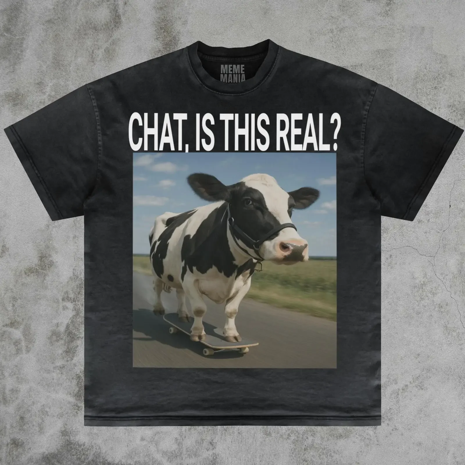 Camiseta con estampado 'Chat Is This Real Ai Cow', humor inapropiado de generación Z, eslogan icónico, memes 'Brain Rot' 'Dank', vintage, lavada, cómoda